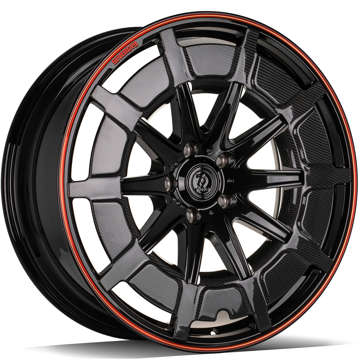 Alu kola seventy9 MF.7 10x22 5x130 ET30 84.1 Black Red Carbon Lip Cover | Wheelsup.cz